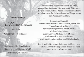 Traueranzeige von Maria Eckam von FZ