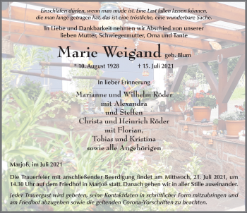 Traueranzeige von Maria Wiegand von FZ