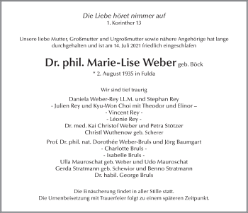 Traueranzeige von Marie-Lise Weber von FZ