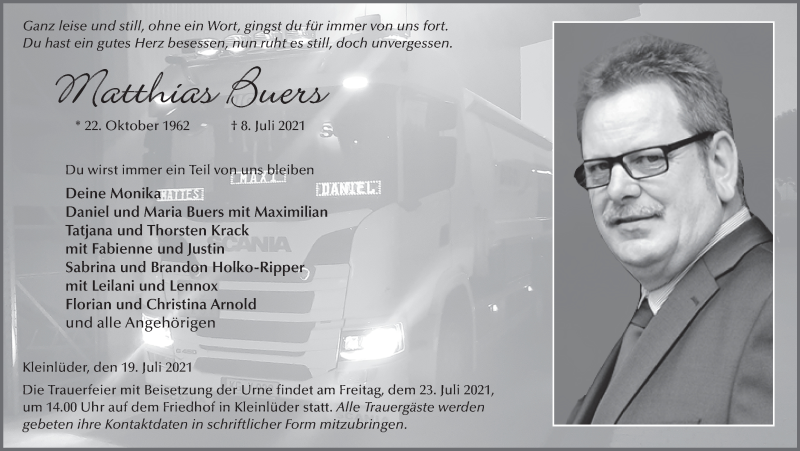  Traueranzeige für Matthias Buers vom 19.07.2021 aus FZ