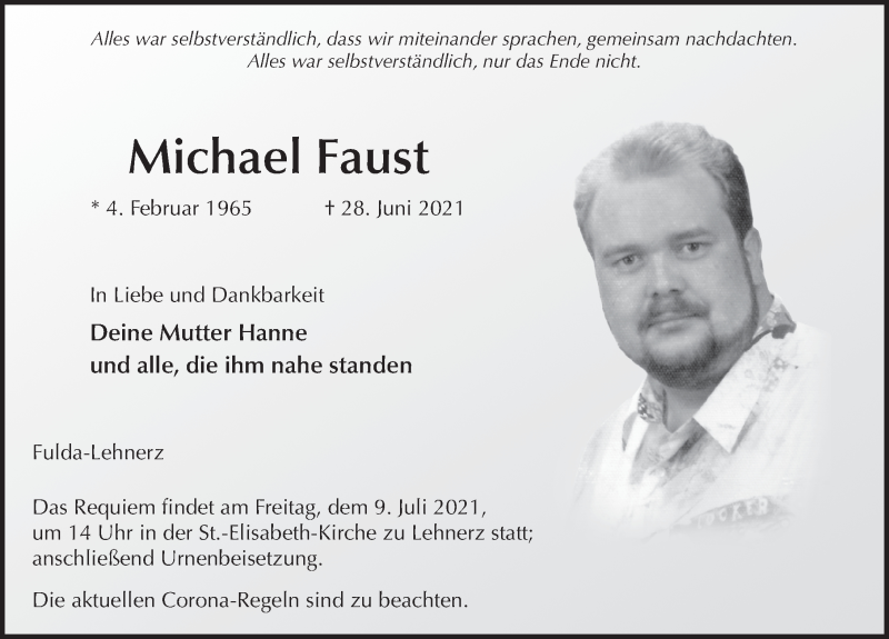  Traueranzeige für Michael Faust vom 03.07.2021 aus FZ