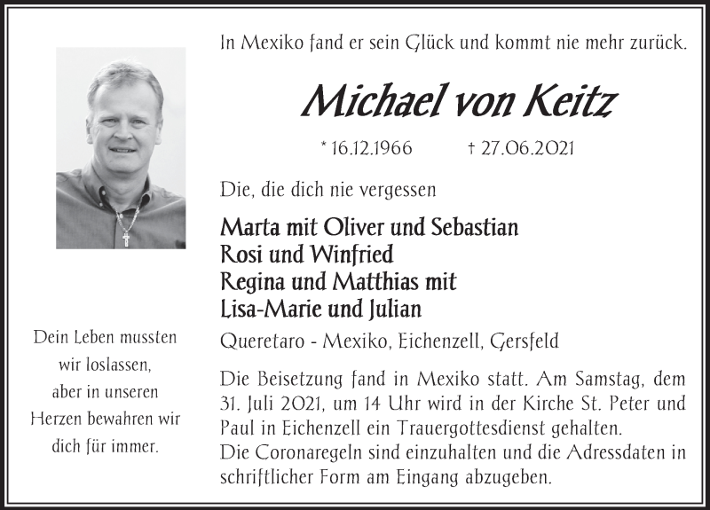  Traueranzeige für Michael von Keitz vom 29.07.2021 aus FZ
