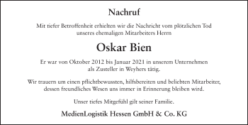Traueranzeige von Oskar Bien von FZ