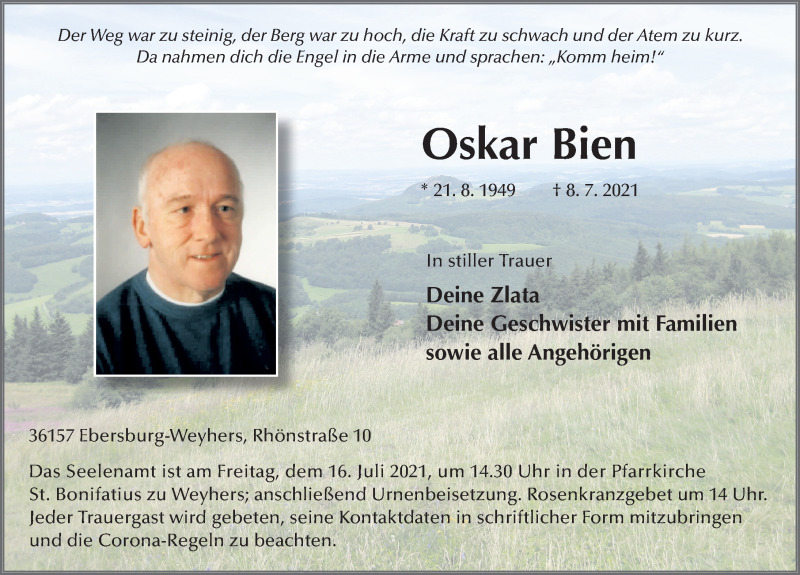  Traueranzeige für Oskar Bien vom 14.07.2021 aus FZ