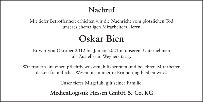  Traueranzeige für Oskar Bien vom 14.07.2021 aus FZ