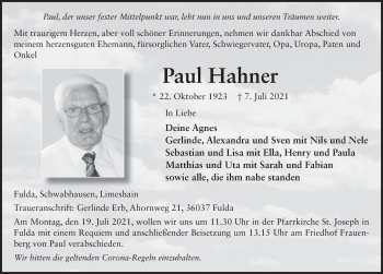 Traueranzeige von Paul Hahner von FZ