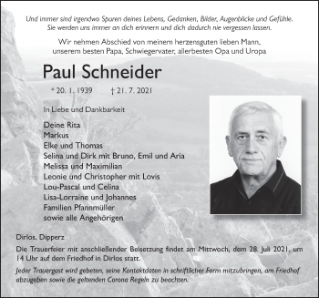 Traueranzeige von Paul Schneider von FZ