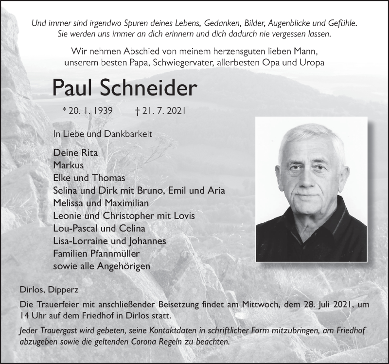  Traueranzeige für Paul Schneider vom 24.07.2021 aus FZ