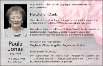 Traueranzeige von Paula Jonas von FZ