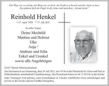 Traueranzeige von Reinhold Henkel von FZ