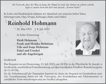 Traueranzeige von Reinhold Hohmann von FZ