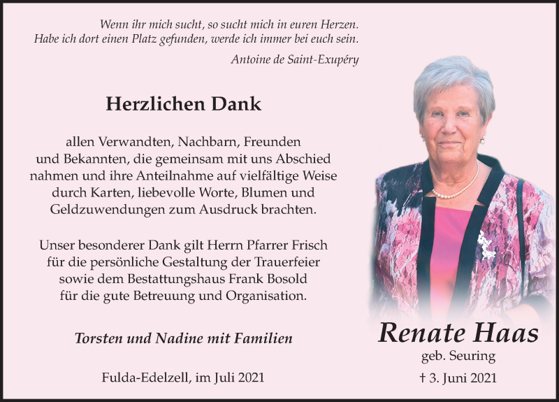  Traueranzeige für Renate Haas vom 24.07.2021 aus FZ