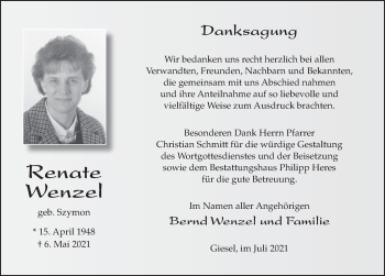 Traueranzeige von Renate Wenzel von FZ