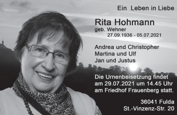 Traueranzeige von Rita Hohmann von FZ
