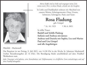 Traueranzeige von Rosa Fladung von FZ