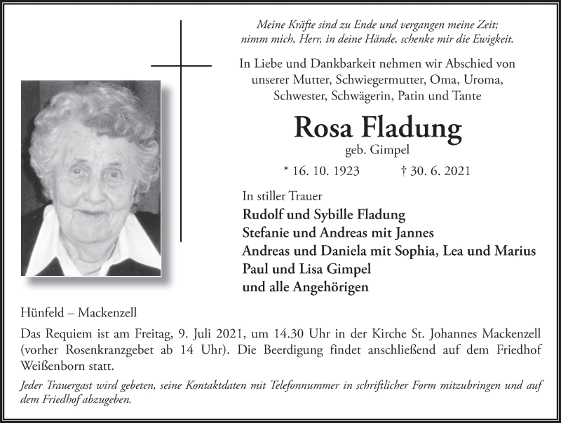  Traueranzeige für Rosa Fladung vom 06.07.2021 aus FZ