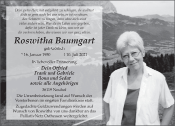 Traueranzeige von Roswitha Baumgart von FZ