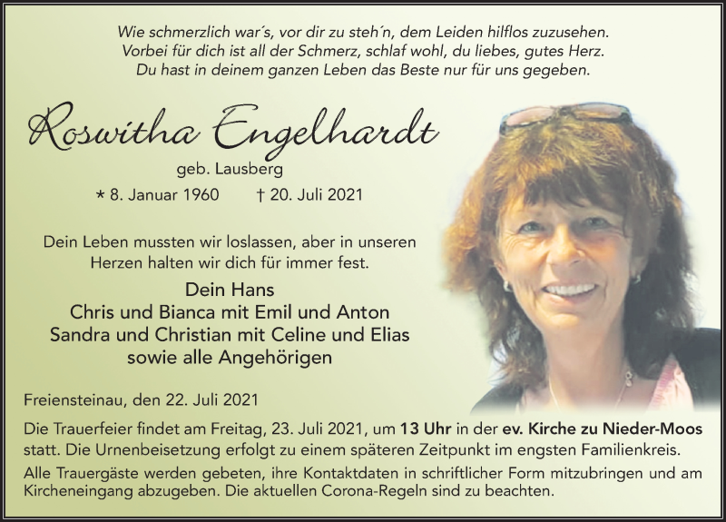  Traueranzeige für Roswitha Engelhardt vom 22.07.2021 aus FZ
