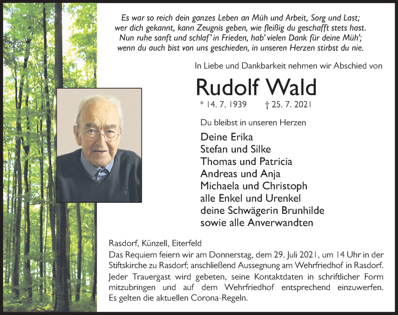  Traueranzeige für Rudolf Wald vom 27.07.2021 aus FZ