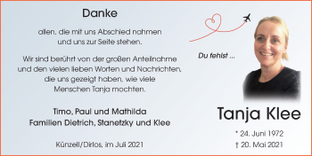 Traueranzeige von Tanja Klee von FZ