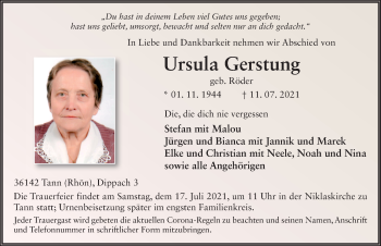 Traueranzeige von Ursula Gerstung von FZ
