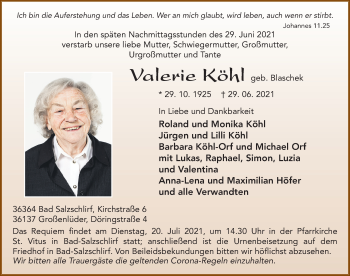 Traueranzeige von Valerie Köhl von FZ