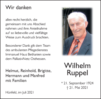 Traueranzeige von Wilhelm Ruppel von FZ