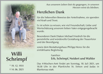 Traueranzeige von Willi Schrimpf von FZ