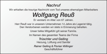 Traueranzeige von Wolfgang Reuß von FZ