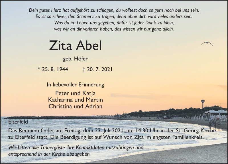  Traueranzeige für Zita Abel vom 22.07.2021 aus FZ