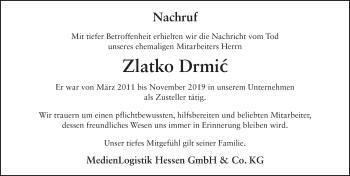 Traueranzeige von Zlatko Drmic von FZ