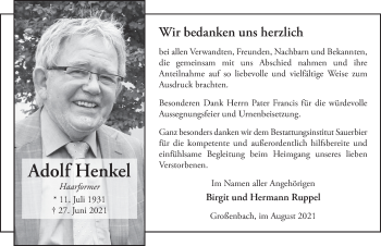 Traueranzeige von Adolf Henkel von FZ