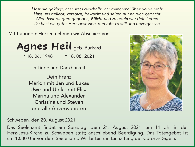  Traueranzeige für Agnes Heil vom 20.08.2021 aus FZ