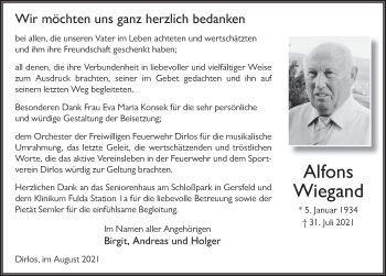 Traueranzeige von Alfons Wiegand von FZ