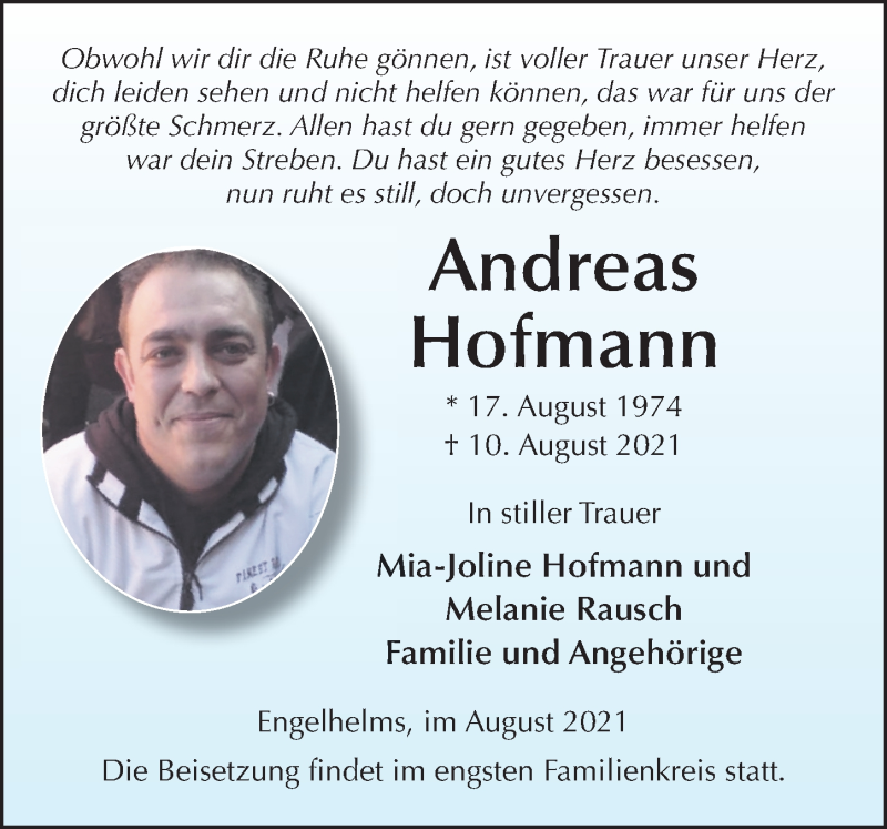  Traueranzeige für Andreas Hofmann vom 28.08.2021 aus FZ