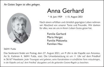 Traueranzeige von Anna Gerhard von FZ