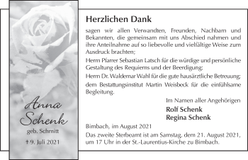 Traueranzeige von Anna Schenk von FZ