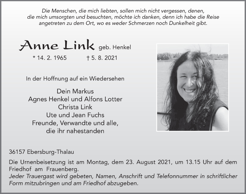  Traueranzeige für Anne Link vom 13.08.2021 aus FZ