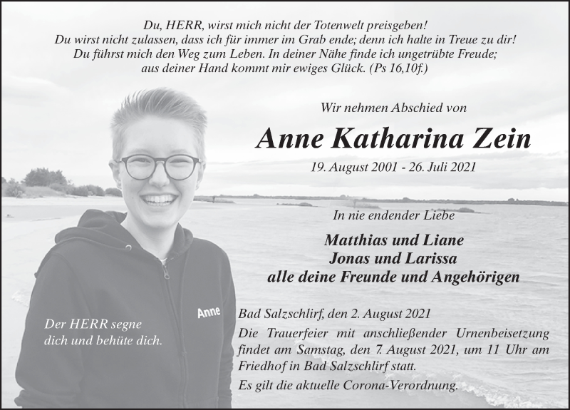  Traueranzeige für Anne Katharina Zein vom 02.08.2021 aus FZ