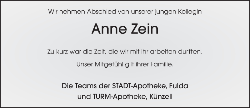  Traueranzeige für Anne Katharina Zein vom 02.08.2021 aus FZ