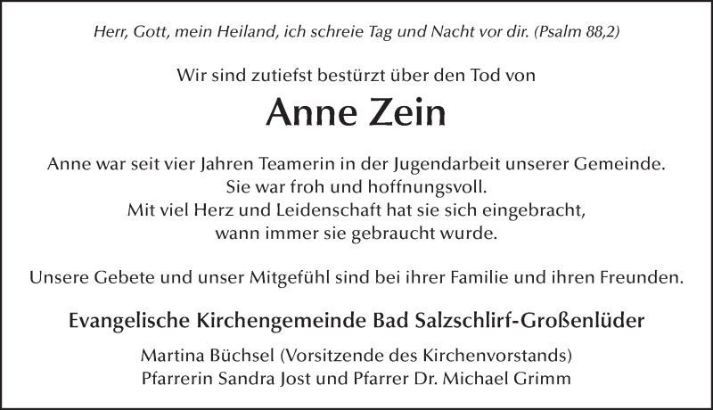  Traueranzeige für Anne Katharina Zein vom 02.08.2021 aus FZ