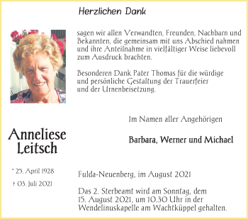 Traueranzeige von Anneliese Leitsch von FZ