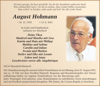 Traueranzeige von August Hohmann von FZ