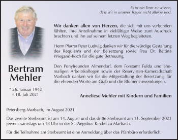 Traueranzeige von Bertram Mehler von FZ