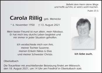 Traueranzeige von Carola Rillig von FZ
