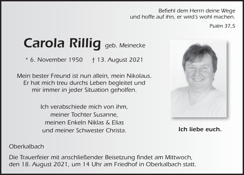  Traueranzeige für Carola Rillig vom 17.08.2021 aus FZ
