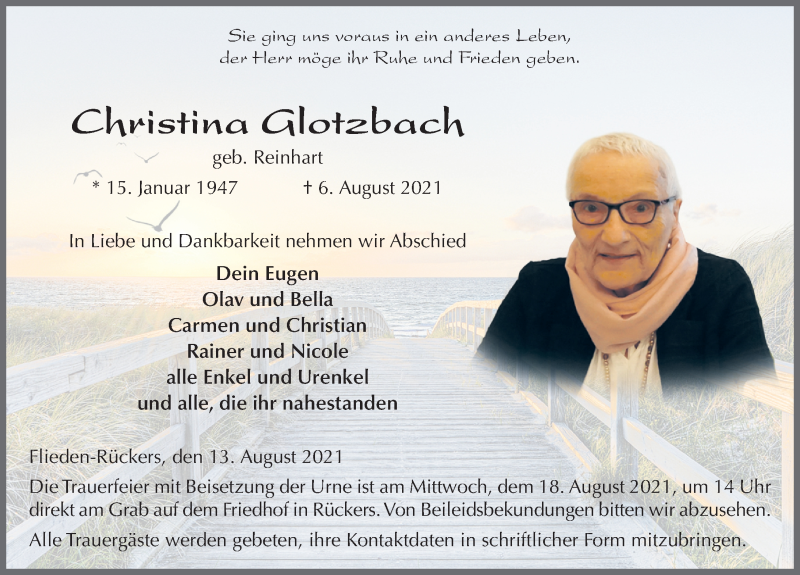  Traueranzeige für Christina Glotzbach vom 13.08.2021 aus FZ