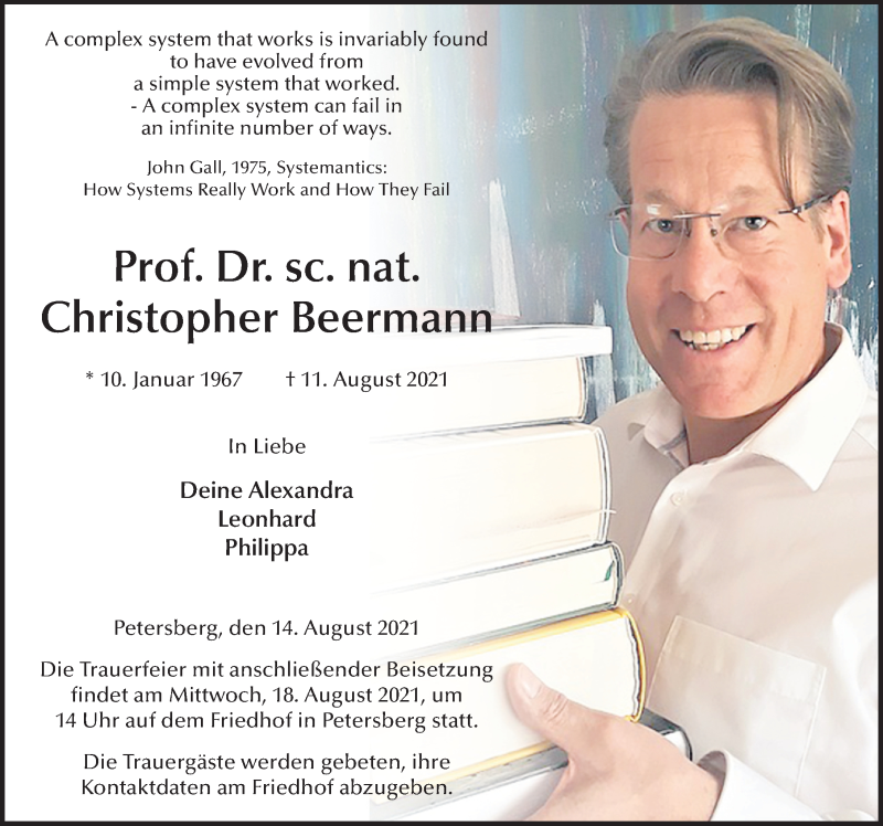  Traueranzeige für Christopher Beermann vom 14.08.2021 aus FZ