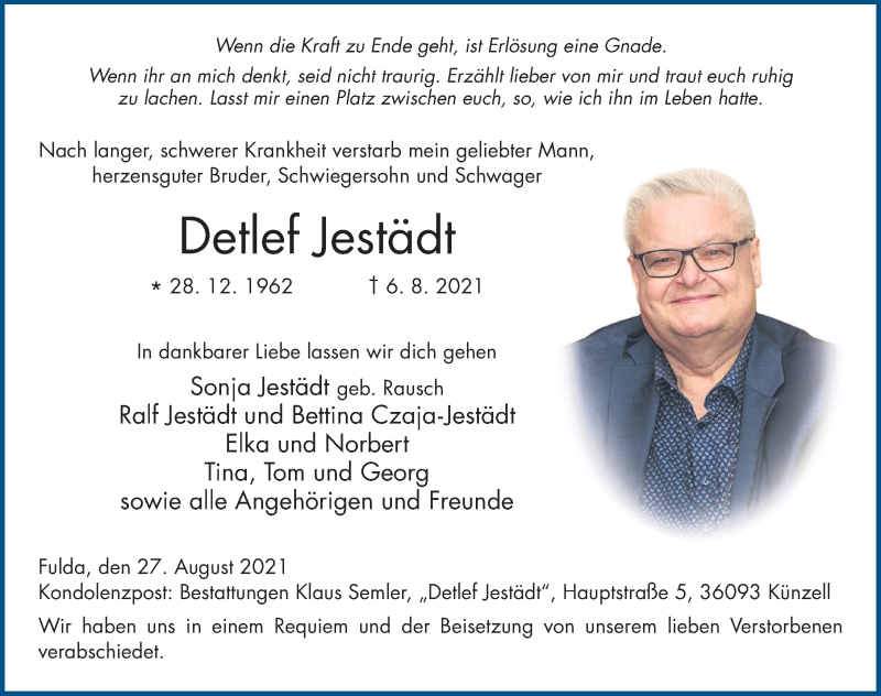  Traueranzeige für Detlef Jestädt vom 27.08.2021 aus FZ