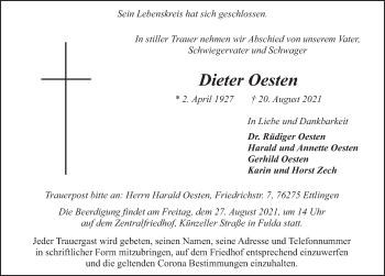 Traueranzeige von Dieter Oesten von FZ